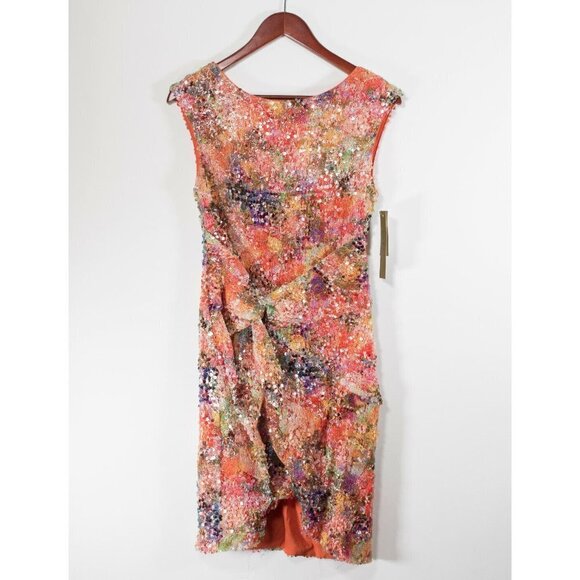 Nicole Miller Womens Size 8 Orange Dress Floral Sequin Ruched Party Dress NWT - Picture 1 of 6